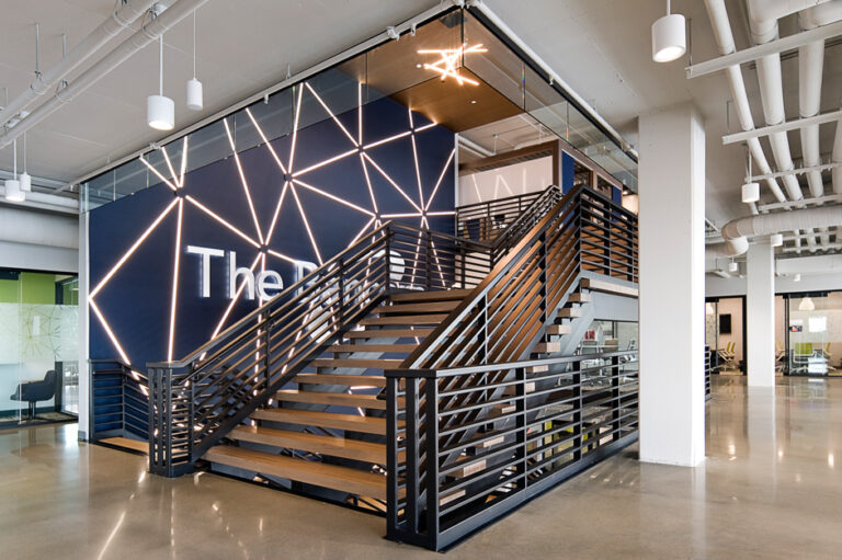 The BanCorp custom wood and metal staircase